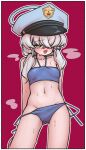  0dot001hz 1girl :d bikini blue_archive blue_bikini blush breasts grey_hair hair_over_one_eye halo hat long_hair looking_at_viewer navel open_mouth small_breasts smile solo sweat swimsuit valkyrie_police_academy_student_(blue_archive) yellow_eyes 