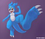 absurd_res anthro bandai_namco blue_body blue_skin blue_tail claw_toes claws digimon digimon_(species) feet fist foot_focus gesture hand_gesture hi_res horn jumping male open_mouth paws pose purple_background red_eyes simple_background smile solo tail tongue v_sign veemon zeroglow