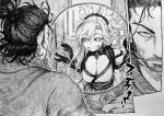  1boy 1girl absurdres breasts chronozbergh cleavage commentary different_reflection english_commentary fate/samurai_remnant fate_(series) greyscale grin highres japanese_clothes kimono large_breasts long_hair looking_at_mirror mirror miyamoto_musashi_(fate) miyamoto_musashi_(vagabond) monochrome ponytail reflection smile smug traditional_media vagabond 