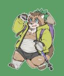  2017 anthro belly blue_eyes bottomwear brown_fur canid canine clothing fur green_background hat headgear headwear hoodie humanoid_hands male mammal moobs overweight overweight_male raccoon_dog roostax_wilddog scar shorts simple_background solo tanuki 