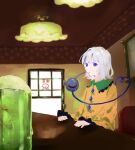  1girl absurdres alternate_hair_color armchair blue_eyes blue_gemstone blurry blurry_background bob_cut cafe ceiling_light chair closed_mouth condensation cream_soda day diamond_(shape) expressionless eyelashes frilled_shirt_collar frilled_sleeves frills gem glass highres ice ice_cube indoors komeiji_koishi long_sleeves looking_at_viewer s_u_d shirt sitting solo sunlight table third_eye touhou upper_body white_hair window yellow_shirt 