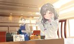  1girl absurdres cafe eating food fork grey_hair highres holding holding_fork idoly_pride kanzaki_rio koyoi_mitsuki official_art pancake smile tagme 