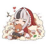  1girl animal_ears black_hair bone branch chibi closed_eyes fire_emblem fire_emblem_if grey_hair holding hood hood_up leaf long_sleeves multicolored_hair pants shunrai simple_background sitting solo streaked_hair stuffed_animal stuffed_toy tail teddy_bear velour_(fire_emblem_if) white_background wolf_ears wolf_tail 