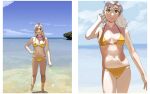  1girl :3 ahoge alternate_costume bare_arms bare_legs bare_shoulders beach bikini blue_sky breasts cloud cowboy_shot day flip-flops full_body green_eyes grey_hair hand_on_own_hip highres horizon kantai_collection kinugasa_(kancolle) looking_at_viewer medium_breasts multiple_views navel ocean ojipon outdoors sandals sky smile standing string_bikini swimsuit wading yellow_bikini 