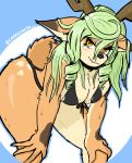  anthro antlers bent_over big_breasts bikini blush breasts brown_fur capaoculta_(artist) capreoline cervid chest_tuft clothing digital_media_(artwork) female fur green_hair hair hanging_breasts hi_res horn kemono looking_at_viewer mammal reindeer simple_background smile solo swimwear tuft wet yellow_eyes yuzuki_(kame_3) 