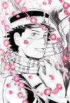  1boy birthday floating_clothes flower golden_kamuy greyscale happy hat highres kepi male_focus military_hat monochrome nekozane_n pink_flower scar scar_on_cheek scar_on_face scar_on_nose short_hair smile solo spot_color sugimoto_saichi upper_body 