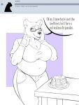 2024 anthro bear belly bottomwear breasts butter chin_piercing cleavage clenched_teeth clothed clothing dairy_products dialogue eyewear female fingerless_gloves food fur furniture glasses gloves hand_on_face handwear hi_res jimfoxx looking_aside looking_away mammal navel overweight overweight_anthro overweight_female pancake pants piercing plate polar_bear shirt signature slightly_chubby slightly_chubby_anthro slightly_chubby_female smile solo sonia_jenkins speech_bubble standing syrup table teeth text topwear ursine