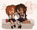  2girls ^_^ bandaged_head bandages bandaid bandaid_on_leg black_skirt blue_vest brown_hair chibi closed_eyes commentary couple cup dark-skinned_female dark_skin disposable_cup english_commentary food fruit full_body highres josukesz long_hair mandarin_orange multiple_girls necktie open_mouth original red_hair red_necktie sandwich shirt sitting skirt speech_bubble teeth tray upper_teeth_only vest white_shirt yawning 