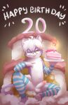 anthro birthday bodily_fluids bottomwear cake canid canine canis clothed clothing cum dessert dog_tags domestic_dog erection food footwear fur genital_fluids genitals girly happy heart_eyes heart_symbol hi_res hoodie kai_oshima kemono male mammal nude penis purple_body purple_fur shirt shy simple_background smile socks solo tail text tongue tongue_out topwear wolf