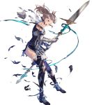  1girl armor bare_shoulders belt boots broken_armor brown_eyes brown_hair cynthia_(fire_emblem) dress fire_emblem fire_emblem:_kakusei fire_emblem_heroes full_body gauntlets highres long_hair official_art open_mouth polearm short_dress spear thigh_boots thighhighs torn_clothes twintails weapon 