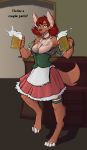  2019 alcohol anthro areola areola_slip barmaid beer beverage bluedraggy blush breasts canid canine canis changeling_tale chest_tuft cleavage clothed clothing collar dialogue digitigrade dirndl dress english_text female hair hi_res jessie_(changeling_tale) looking_at_viewer mammal open_mouth public smile snout solo tavern text tuft waiter watsup were werecanid werecanine werewolf wolf 