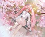  1girl absurdres beret cherry_blossoms cherry_hair_ornament closed_mouth commentary_request flower food-themed_hair_ornament foot_out_of_frame hair_ornament hat hatsune_miku highres long_hair long_sleeves looking_at_viewer looking_up neck_ribbon on_chair outdoors petals pink_eyes pink_flower pink_hair pink_skirt pleated_skirt pye_yyy ribbon sakura_miku shirt shoes sitting skirt sleeves_past_wrists solo twintails very_long_hair vocaloid white_footwear white_ribbon white_shirt 