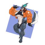 2024 anthro biceps big_bulge big_muscles big_pecs blue_body blue_fur brewster_(dislyte) brown_eyes bulge canid canine canis claws clothed clothing demondragoncyan dislyte domestic_dog eyewear eyewear_on_head fur goggles goggles_on_head hi_res huge_muscles hyper hyper_muscles jacket lilith_games looking_at_viewer male mammal muscular muscular_anthro muscular_male nipples pecs solo toe_claws topwear tufted_fur underwear white_body white_fur
