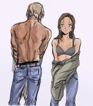  1boy 1girl amuro_tooru back blonde_hair blue_eyes blush bra brown_hair commentary_request cowboy_shot denim enomoto_azusa grey_bra highres jeans long_hair looking_to_the_side masso meitantei_conan pants short_hair simple_background topless_male underwear undressing white_background 