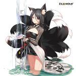  1girl alternate_hair_color animal_ear_fluff animal_ears bai_winchester black_dress black_hair black_sleeves black_tail breasts cleavage cleavage_cutout closers clothing_cutout copyright_name cowboy_shot dress fox_ears fox_girl fox_tail heterochromia highres kitsune kyuubi large_breasts layered_dress logo long_hair long_sleeves looking_down low_ponytail multiple_tails official_art parted_lips pink_eyes purple_eyes see-through see-through_sleeves solo standing tail two-tone_dress very_long_hair wading washing_hands water waterfall wet wet_clothes white_background white_dress 