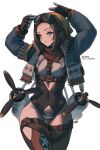  1girl absurdres aircraft airplane black_gloves blue_eyes blue_jacket brown_hair brown_hat commission fingerless_gloves gloves highres jacket looking_at_viewer mecha_musume navel original pby_catalina personification propeller solo stomach thighs united_states_navy white_background zhvo 