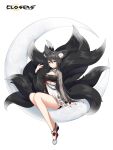  1girl alternate_hair_color animal_ear_fluff animal_ears ankle_bell arm_support black_dress black_footwear black_hair black_panties black_sleeves black_tail cleavage_cutout closers clothing_cutout copyright_name crescent dot_mouth dress eunha_(closers) expressionless fingernails fox_ears fox_girl fox_tail full_body green_eyes hand_up high_heels highres holding_own_tail kitsune kyuubi layered_dress logo long_fingernails long_hair long_sleeves looking_at_viewer low_twintails multiple_tails official_art on_crescent panties pantyshot see-through see-through_sleeves sitting solo tail twintails two-tone_dress underwear wedge_heels white_background white_dress 