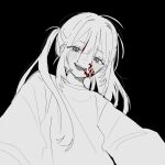  1girl absurdres blood blood_on_face blush greyscale hair_between_eyes hanataro_(sruvhqkehy1zied) highres long_hair long_sleeves looking_at_viewer monochrome one_side_up open_mouth original simple_background solo spot_color sweat sweater upper_body 