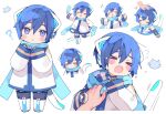  &gt;_&lt; 1boy :3 =_= ? animal_ear_headphones animal_ears blue_eyes blue_hair blue_scarf blush boots cat_ear_headphones cat_ears cat_tail chestnut_mouth chibi closed_eyes coat confused facial_mark fake_animal_ears food full_body hand_on_own_hip happy headphones kaito_(vocaloid) light_smile long_sleeves looking_at_viewer male_focus mogu_(wy5xrt7w) multiple_views music musical_note neko_cyber_(module) open_mouth outstretched_arms petting popsicle scarf simple_background singing smile spread_arms sweat tail turning_head upper_body vocaloid whisker_markings white_background white_coat 