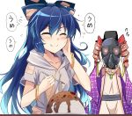  2girls :t ^_^ bangle bangs belt black_belt black_headwear blue_bow blue_hair blush bow bracelet breasts closed_eyes coat commentary_request curry debt drawstring dress drill_hair e.o. eyebrows_visible_through_hair facing_viewer food gas_mask grey_hoodie hair_bow hand_on_own_cheek hand_up hands_up hat highres holding holding_spoon hood hoodie jewelry long_hair medium_breasts multiple_girls open_clothes open_coat pendant purple_coat red_bow rice short_sleeves siblings simple_background sisters speech_bubble spoon sweat top_hat touhou translation_request twin_drills twintails upper_body v-shaped_eyebrows very_long_hair white_background white_dress yorigami_jo&#039;on yorigami_shion 