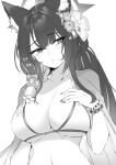  1girl animal_ear_fluff animal_ears blue_archive blush breasts cleavage collarbone fingernails flower fox_ears greyscale hair_flower hair_ornament halo highres jun_project large_breasts long_hair monochrome nail_polish official_alternate_costume open_mouth simple_background solo upper_body wakamo_(blue_archive) wakamo_(swimsuit)_(blue_archive) white_background 