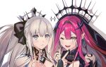  2girls baobhan_sith_(fate) baobhan_sith_(second_ascension)_(fate) bare_shoulders black_nails blue_eyes breasts earrings eiki_(eikityou_55) fang fate/grand_order fate_(series) grey_eyes hair_ribbon highres hoop_earrings jewelry light_blush long_hair looking_at_viewer morgan_le_fay_(fate) mother_and_daughter multiple_girls nail_polish one_eye_closed open_mouth pink_hair pointy_ears ponytail ribbon smile spikes twitter_username upper_body v veil white_background white_hair 