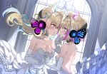  2girls absurdres alternate_costume animal_ear_fluff animal_ears backless_dress backless_outfit bare_shoulders black_collar blonde_hair blue_eyes blue_hair blush breasts butterfly_wings chain cleavage collar colored_inner_animal_ears dog_ears dog_girl dress elbow_gloves eye_contact face-to-face floating_clothes floating_hair from_side fuwawa_abyssgard gloves hair_between_eyes hand_on_another&#039;s_chin headphones highres holding_hands hololive hololive_english incest indoors insect_wings interlocked_fingers large_breasts layered_dress long_hair looking_at_another magnet_(vocaloid) mococo_abyssgard multicolored_hair multiple_girls one_side_up parted_lips pink_eyes pink_hair short_hair siblings sideways_mouth sisters small_breasts strapless strapless_dress streaked_hair trap_(drthumt) twins upper_body virtual_youtuber wedding_dress white_dress white_gloves window wings yuri 