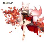  1girl :&lt; adjusting_hair alternate_hair_color animal_ear_fluff animal_ears autumn_leaves barefoot black_dress branch breasts bright_pupils cleavage cleavage_cutout closed_mouth closers clothing_cutout dress falling_leaves fingernails fox_ears fox_girl fox_tail frown full_body hand_up highres kitsune kyuubi large_breasts layered_dress leaf long_fingernails long_hair long_sleeves looking_at_viewer low_ponytail maple_leaf mirae_(closers) multiple_tails official_art on_branch pink_tail pinky_out red_dress red_eyes see-through see-through_sleeves short_dress sitting sitting_on_branch skirt_hold solo tail two-tone_dress white_background white_hair white_pupils 