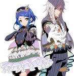  1boy 1girl anchiki_shou archived_source bad_id bad_twitter_id black_gloves black_pants blue_eyes blue_hair braid closed_mouth commentary_request cowboy_shot dress frilled_dress frills fur_scarf gloves grey_hair hand_on_own_chest heterochromia highres king_of_prism_by_prettyrhythm long_hair looking_at_viewer outstretched_arm pants pretty_rhythm pretty_series reaching reaching_towards_viewer red_eyes rinne_(pretty_rhythm) shine_(pretty_series) short_hair side_braid simple_background smile standing striped_clothes striped_pants vertical-striped_clothes vertical-striped_pants white_background yellow_eyes 