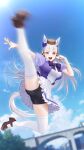  1girl absurdres animal_ears bike_shorts blue_sky bow breasts brown_footwear cloud cloudy_sky flying_kick full_body gold_ship_(umamusume) hair_bow hat highres horse_ears horse_girl horse_tail kicking long_hair motion_blur open_mouth outdoors purple_bow purple_eyes shoes skirt sky solo tail teeth thighhighs ugohato umamusume upper_teeth_only white_hair white_skirt white_thighhighs 
