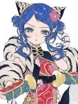  1girl animal_ears animal_print ao_(ao0_0nemu) bad_id bad_twitter_id black_gloves blue_eyes blue_hair blue_nails cat_ears cat_tail chinese_clothes fingerless_gloves floral_print flower fur_scarf furrowed_brow gloves gold_trim hair_flower hair_ornament highres looking_at_viewer nail_polish pink_flower pretty_rhythm pretty_rhythm_rainbow_live pretty_series rinne_(pretty_rhythm) short_hair simple_background solo tail tiger_print upper_body white_background 