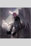  1boy absurdres black_cloak black_footwear boots cloak commentary_request feathered_wings full_body grey_background grey_jacket grey_pants hatsutori_hajime highres jacket long_hair long_sleeves looking_at_viewer male_focus on_rock open_mouth pants pink_hair red_eyes ruins saibou_shinkyoku sitting solo statue torn_clothes uneven_eyes white_wings wings yulei_yuuuuu 