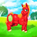 1:1 absurd_res animal_genitalia big_macintosh_(mlp) blonde_hair cloud cutie_mark embarrassed equid equine feral field fields flaccid friendship_is_magic fully_sheathed fur genitals grass grass_field green_eyes hair hasbro hi_res hooves horse lolscarletxi looking_away male mammal mountain muscular my_little_pony penis plant pony red_body red_fur sheath shy sky skyscape solo sunny tree