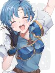  1girl :d ^_^ arm_up armor belt black_gloves blue_hair border breastplate closed_eyes commentary_request eyelashes facing_viewer fire_emblem fire_emblem:_the_binding_blade gloves grey_background hand_up highres open_mouth outside_border sakura_no_yoru short_hair smile solo teeth thea_(fire_emblem) upper_body upper_teeth_only white_border 
