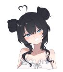  1girl ahoge aningay bare_shoulders black_hair blue_eyes blush breasts collarbone cropped_torso double_bun dress frilled_dress frills hair_between_eyes hair_bun head_tilt heart heart_ahoge highres long_hair medium_breasts neck_ribbon original ribbon simple_background sleeveless sleeveless_dress smile solo sweat upper_body white_background white_dress white_ribbon 