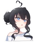  1girl :o ahoge aningay black_hair blue_eyes collarbone cropped_torso double_bun hair_between_eyes hair_bun heart heart_ahoge highres long_hair looking_at_viewer off_shoulder original parted_lips shirt simple_background solo upper_body white_background white_shirt 