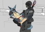 2023 anthro armor balaclava belt_pouch blue_body blue_fur blush body_armor breasts bulletproof_vest chest_spike choker clothed clothed_sex clothing combat_helmet degradation dialogue dirty_talk duo english_text female fully_clothed fur garter_belt garter_straps generation_4_pokemon genitals glock gloves gun hand_holding handgun handwear headgear helmet hi_res human human_on_anthro interspecies jewelry leg_grab legwear lingerie lucario male male/female mammal mask mostly_nude necklace nintendo nummber1 patch_(fabric) penetration penile penile_penetration penis penis_in_pussy pistol pokemon pokemon_(species) pokephilia police pussy ranged_weapon sex silencer speech_bubble spikes spikes_(anatomy) stockings tail text thigh_highs three-quarter_view unavailable_at_source vaginal vaginal_penetration weapon yellow_body yellow_fur