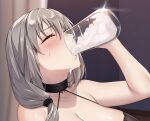  1girl absurdres black_bra black_scrunchie blush bra breasts character_request cleavage closed_eyes collarbone copyright_request cup drinking grey_hair halterneck highres holding kawanmushi large_breasts long_hair mug scrunchie solo suggestive_fluid sweat underwear 