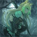  1girl ahoge animal_ears arrow_(projectile) atalanta_(fate) braid breasts cat_ears cat_tail cleavage closed_mouth dress fate/apocrypha fate_(series) fon-due_(fonfon) from_side green_eyes green_hair holding holding_arrow in_tree long_hair signature solo squatting tail thighhighs tree very_long_hair 