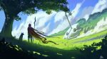  1other absurdres artist_name blue_sky cape day dog fantasy grass highres ikasamahideo original outdoors polearm scenery skeleton skull sky spear tree weapon 