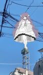  1girl black_eyes blue_sky day dress empty_eyes full_body grey_dress highres long_hair looking_at_viewer mochu_(aoishikabane) original outdoors photo_background power_lines purple_hair sky solo standing standing_on_one_leg utility_pole very_long_hair 