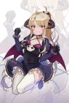  +_+ 1girl ahoge aliceblue bat_hair_ornament bell bell_choker blonde_hair breasts choker demon_girl dress fangs gloves hair_ornament highres horns long_hair looking_at_viewer low_wings ponytail purple_eyes small_breasts smile solo succubus thighhighs wings zoom_layer 