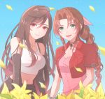  2girls :d aerith_gainsborough bangs bare_shoulders black_hair black_skirt breasts brown_hair buttons cleavage closed_mouth crop_top cropped_jacket dress drill_hair eyebrows_visible_through_hair final_fantasy final_fantasy_vii green_eyes hair_between_eyes hair_intakes hair_ribbon highres jacket large_breasts light_particles long_hair looking_at_viewer multiple_girls navel open_clothes open_jacket open_mouth petals pink_dress pink_ribbon red_eyes red_jacket ribbon shirt short_sleeves skirt smile suspender_skirt suspenders tank_top tifa_lockhart toufu_(toufu_53) unbuttoned very_long_hair white_shirt 
