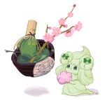  alcremie alcremie_(matcha_cream) branch cherry_blossoms chitan_(chitan4615) commentary_request floating green_eyes highres holding holding_branch no_humans pointing pokemon pokemon_(creature) simple_background sinistcha smile white_background 