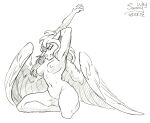 anthro belly breasts equid equine feathers female horse mammal morning mythological_creature mythological_equine mythology nipples nude pegasus pinup pose smile solo stretching sunny_way sunny_way_(character) thick_thighs traditional_media_(artwork) wings