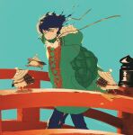  1boy all_nobori artist_name blue_background blue_hair blue_pants bridge closed_mouth creature fiery_hair fur_trim green_eyes green_jacket hand_in_pocket highres jacket long_sleeves looking_at_viewer male_focus original pants short_hair solo walking 