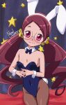  1girl alternate_costume animal_ears blue_leotard blush bow bowtie breasts cleavage curtains detached_collar embarrassed fake_animal_ears glasses hanasaki_tsubomi heartcatch_precure! highres interlocked_fingers leotard looking_at_viewer nanaeljustice pantyhose playboy_bunny precure rabbit_ears red_eyes red_hair rimless_eyewear round_eyewear signature small_breasts solo star_(symbol) strapless strapless_leotard twintails wrist_cuffs 