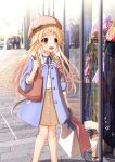  1girl :o artist_name bag blonde_hair blue_coat blue_ribbon brown_eyes brown_ribbon brown_skirt coat day feet_out_of_frame gomasho_asuka handbag hat hat_ribbon highres original outdoors ribbon shoes shopping_bag skirt solo standing unworn_kimono unworn_shoes window_shopping 