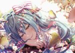  1girl absurdres artist_name bird blue_eyes blue_hair blue_nails blurry blurry_background blurry_foreground blush bow cherry_blossoms chromatic_aberration commentary day flower hair_between_eyes hair_bow hair_ornament half-closed_eyes hatsune_miku head_on_arm highres japanese_clothes kanzashi lips long_hair lying miku_day on_stomach pink_flower pink_petals sidelocks smile solo striped_bow sunlight tokioka_a7 vocaloid 