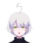 1girl ahoge bangs black_shirt copyright_request eyebrows_visible_through_hair green_eyes hair_between_eyes khibiki looking_at_viewer open_mouth portrait shirt silver_hair simple_background solo virtual_youtuber white_background 